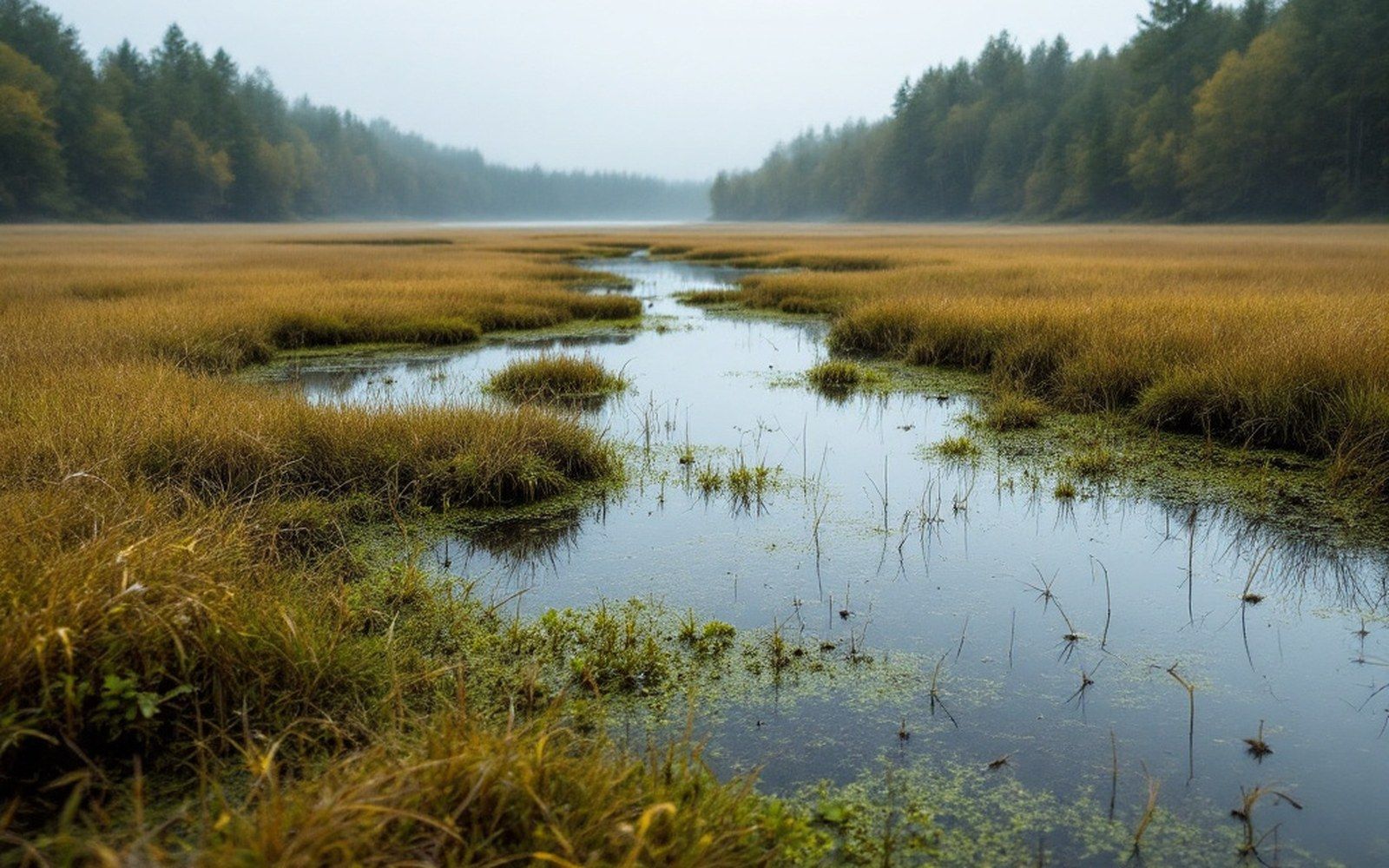 Salt marsh with standing water under grey sky