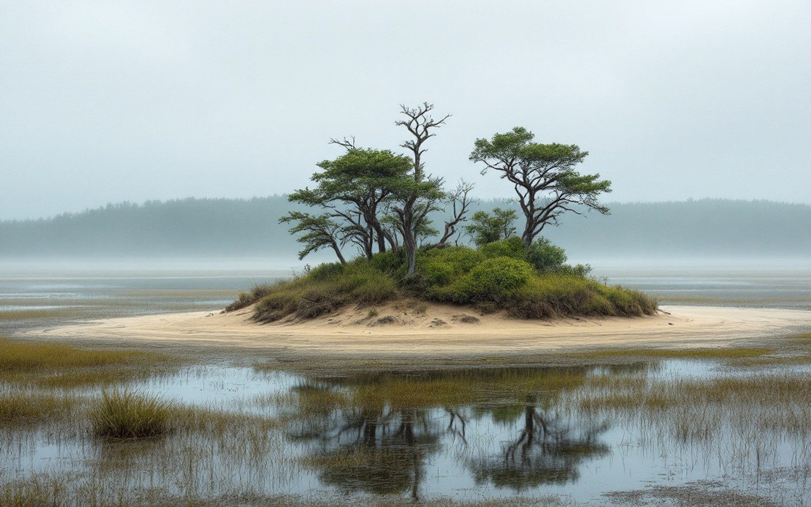 A low sand island with marsh behind, flat light