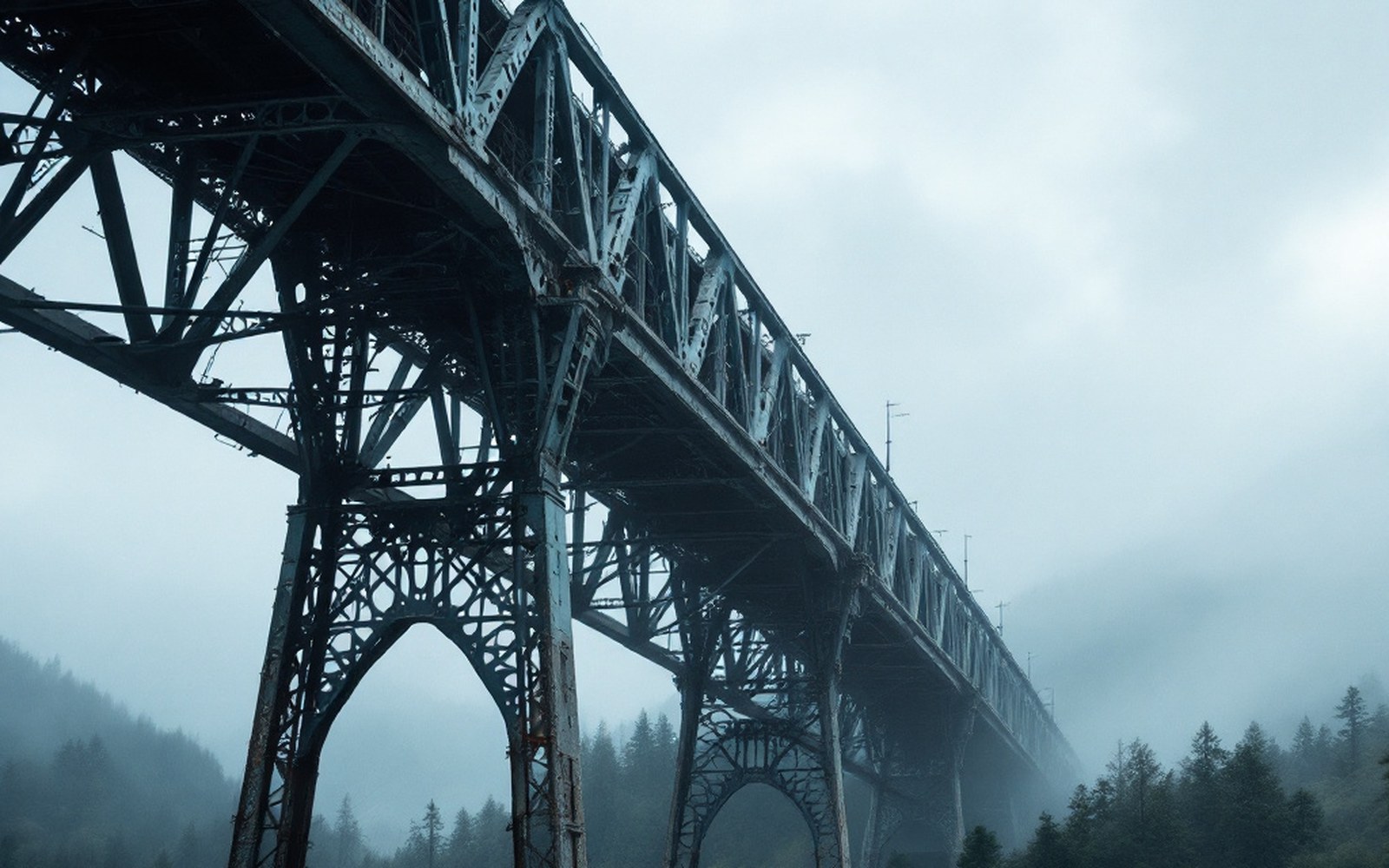 A steel bridge girder underside against sky