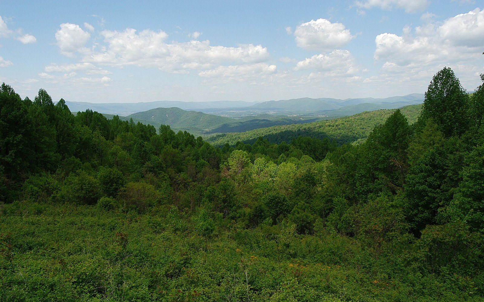 Forested ridgelines roll toward a hazy valley under a partly cloudy sky