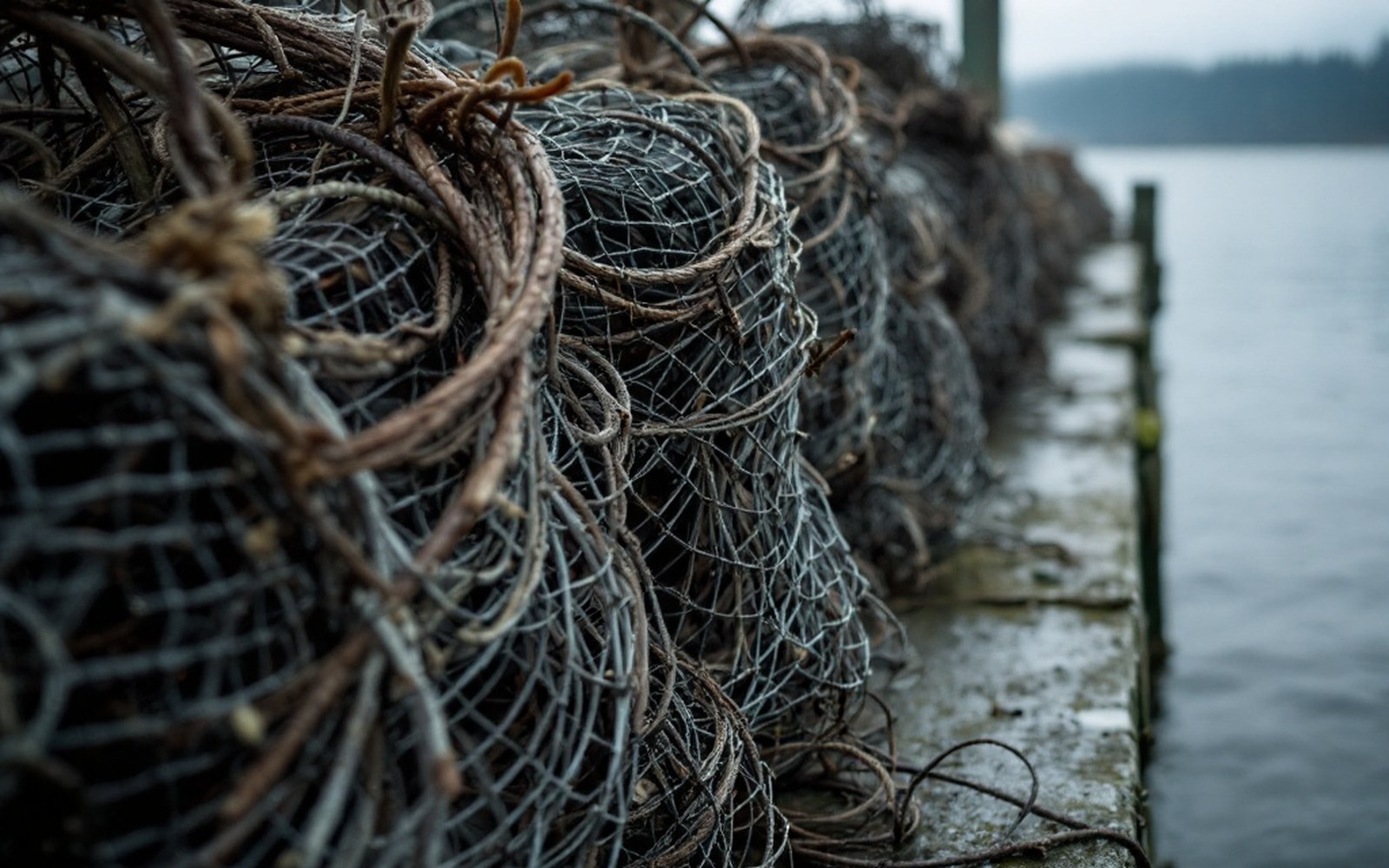 A stack of wire crab pots on a dock