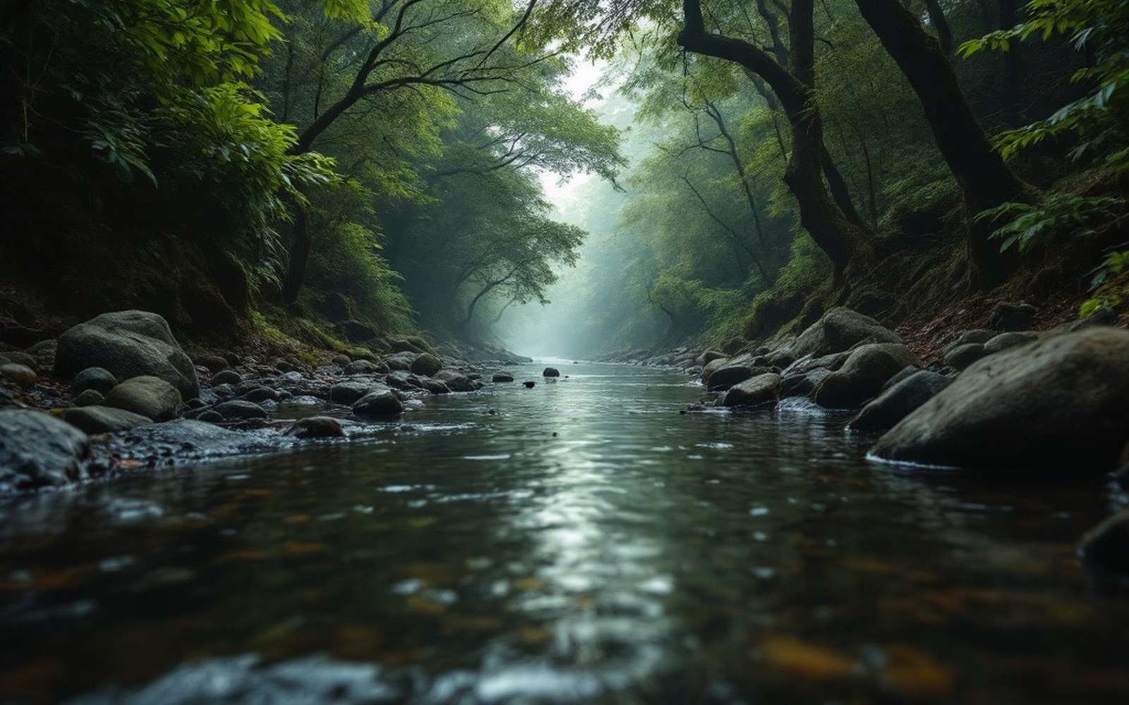A narrow stream under dense overhanging canopy