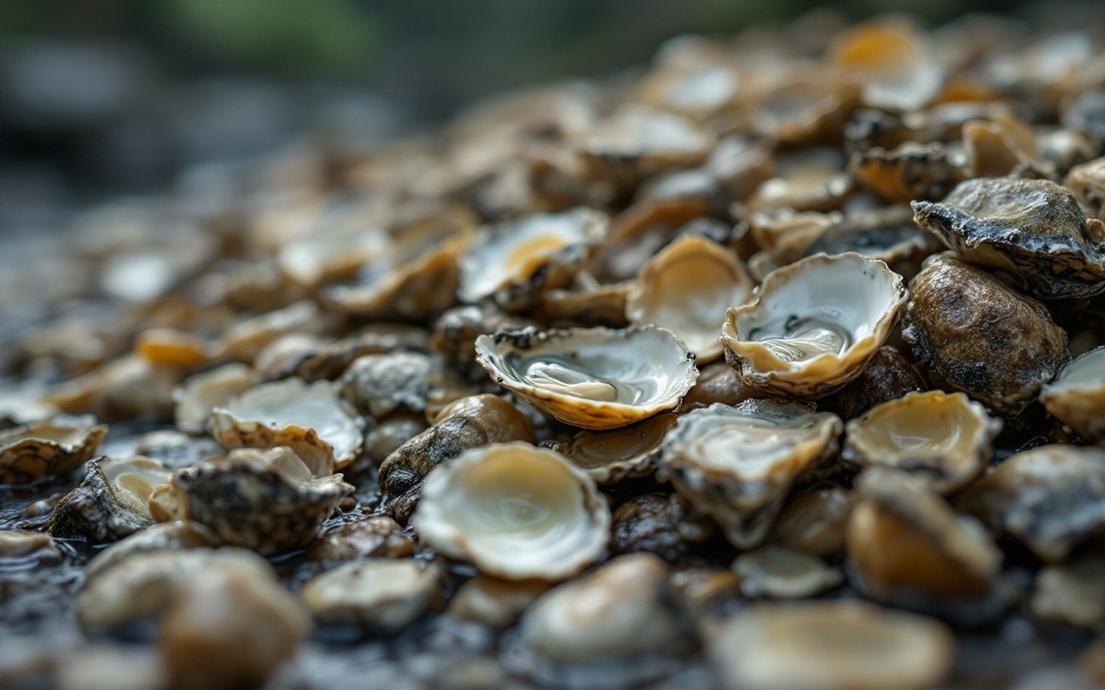 An oyster shell pile close, wet, hard light