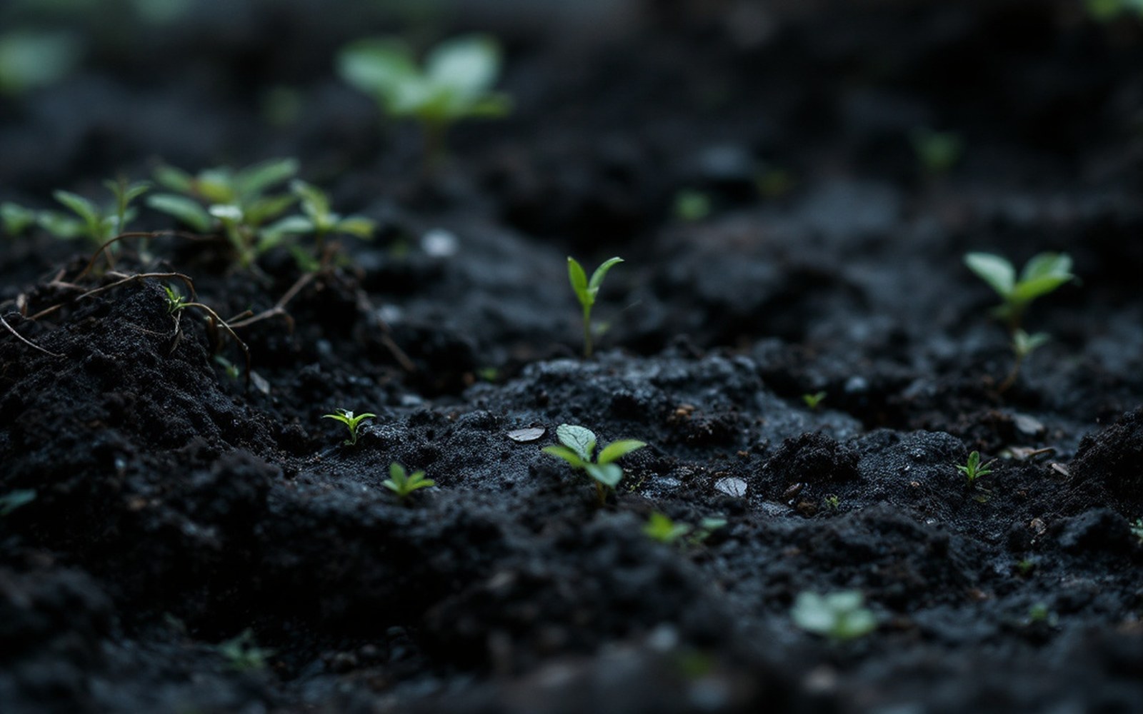Dark exposed peat soil, macro, damp