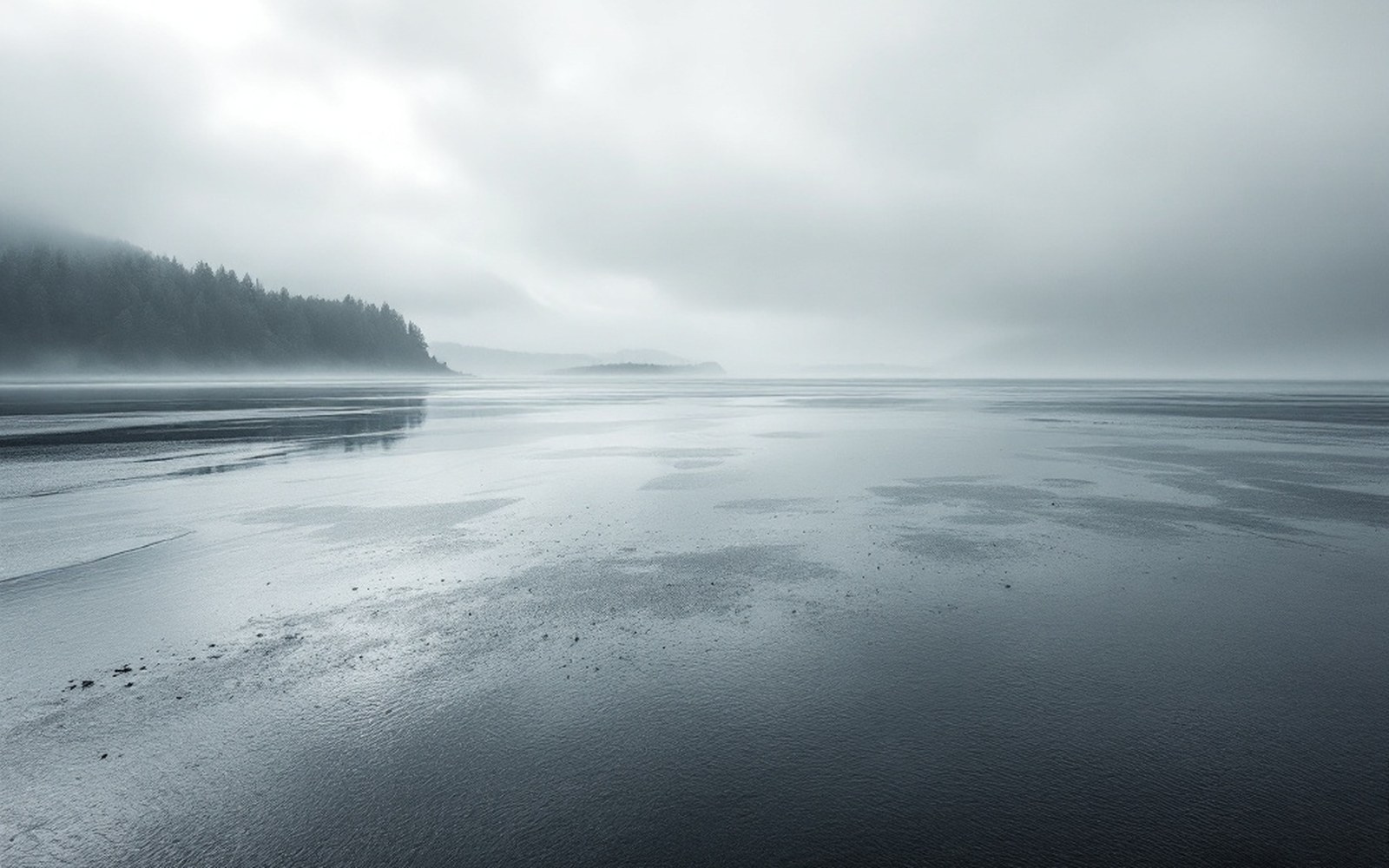 A wide estuary under flat cloud, low horizon